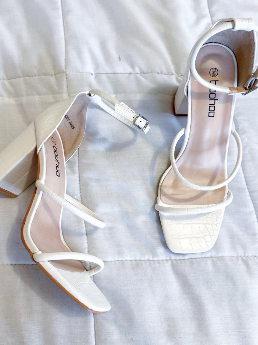 Boohoo white strappy block heels